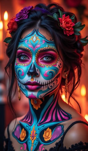 Vibrant sugar skull makeup for Halloween, inspired by Día de los Muertos. A female model with her face painted in intricate, colorful patterns resembling a skull, with roses and marigolds woven into her hair. The background is filled with glowing candles, skulls, and festive decorations. Bright blues, pinks, and oranges dominate the color palette. The overall atmosphere is festive, yet slightly eerie, with a blend of traditional Mexican elements and a celebratory mood.VNS_Add more details,Halloween makeup,cool_Anime