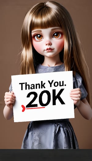 (A very cute girl. She is holding a big sign in both hands that says "Thank you 20k♥". The background is cute with light tones in the style of Mark Ryden), detailed texture, high quality, high resolution, high precision, realism, color correction, proper lighting settings, harmonious composition, Behance work, text, text is ""
