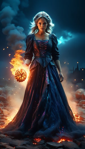 (Magic realism meets surrealism in this ultra-detailed apocalypse where an evil witch casts a fire spell in the night. This dark fantasy scene is full of intricate detail and dynamic lighting, rendered in a digital illustration that shines with a psychedelic color palette and sharp focus. Rendered in 4K resolution with Octane Render, the composition is flawless, balancing muted watercolor tones with rim-lit intensity.), Detailed Textures, high quality, high resolution, high Accuracy, realism, color correction, Proper lighting settings, harmonious composition, Behance works,Cinematic,IMGFIX,ct-jeniiii