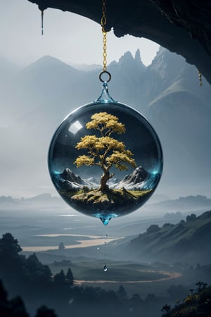 (Landscape miniature in a drop of water, a water drop with it then inside hanging from a tree branch, Beautiful and dreamy digital painting, sf, intricate artwork masterpiece, ominous, matte painting movie poster, golden ratio, trending on cgsociety, intricate, epic, trending on artstation, by artgerm, h. r. giger and beksinski, highly detailed, vibrant, production cinematic character render, ultra high quality model), Detailed Textures, high quality, high resolution, high Accuracy, realism, color correction, Proper lighting settings, harmonious composition, Behance works