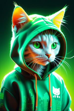 (Imagine a vibrant canvas illuminated by a cascade of green binary codes forming super cute cat silhouettes in hoodies, dynamic lines, and matrix-like patterns), Detailed Textures, high quality, high resolution, high Accuracy, realism, color correction, Proper lighting settings, harmonious composition, Behance works,DonM3l3m3nt4lXL,Anime 