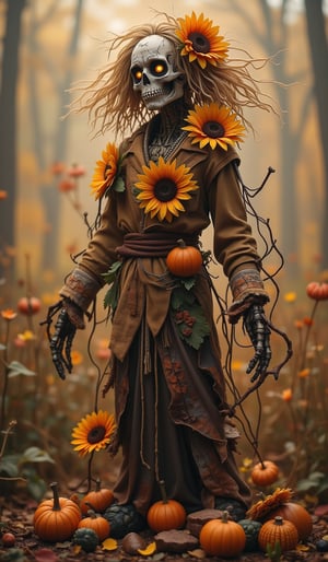 Hauntingly beautiful scarecrow with a skeletal face, hollow eyes glowing faintly, detailed facial features resembling a skull. The scarecrow is adorned with large vibrant sunflowers and small pumpkins intertwined with dry, twisted vines. Its clothes appear tattered but artfully arranged, with an autumnal theme, worn down yet majestic. The scarecrow stands tall with straw-like hair blowing in the wind, surrounded by a misty, desaturated background that emphasizes the figure's eerie yet elegant presence. The lighting is soft and warm, highlighting the contrast between the scarecrow's dark tones and the bright flowers.,VNS_Add more details,create figure 2