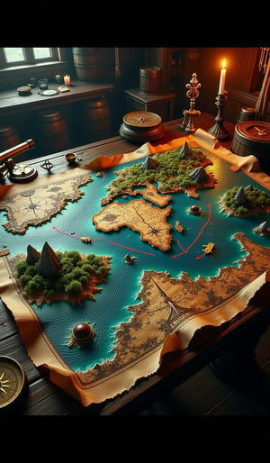 Detailed 3D representation of an ancient pirate map from the Age of Exploration. The map is spread out on a wooden table with nautical tools like a brass compass, old-fashioned telescope, and a quill. The ocean areas are slightly raised, showing waves and currents with stunning details, while islands are carved out with lush greenery and mountains. Treasure routes are marked with vivid red lines, leading to a prominent "X" marked in gold, glittering under the warm glow of candlelight. The map is surrounded by old parchment edges, weathered and tattered, with a slight sepia tone. The background is a dimly lit pirate's cabin, filled with barrels, ropes, and other maritime artifacts,pirateskullXthejaa