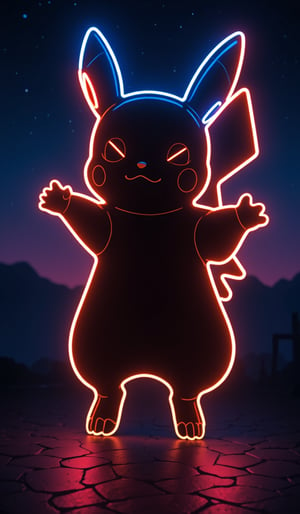 A full-body silhouette, outlined only, in the neon shape of Pikachu's silhouette, colorless body, with only the outline in neon tube light illumination, shining brightly with a neon intensity of 1.4, set against a dancing pose and a night sky background.