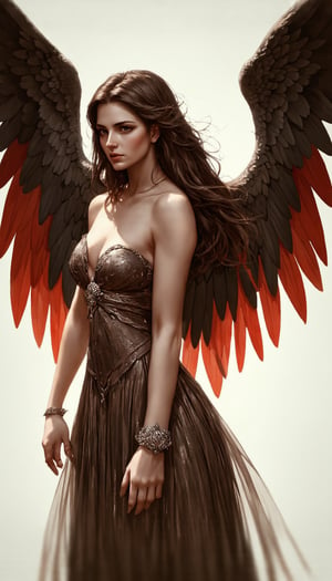(Archangel, Allegory of Knowledge and wisdom, Flows of Creativity, Generosity, Multiple opportunities, gorgeous wings, perfect and delicate face, volumetric lightings, brown black red orange Gustav Klimt colors, deep tonalities, intense look, Ciro Marcetti art, art by kyrielle, Luis Royo style, Dona gelsinger art, Karol Bak influence, intricate details high quality, Dangerous creature art, fantasy art, perfect composition, delicate face, breathtaking beauty), Detailed Textures, high quality, high resolution, high Accuracy, realism, color correction, Proper lighting settings, harmonious composition, Behance works