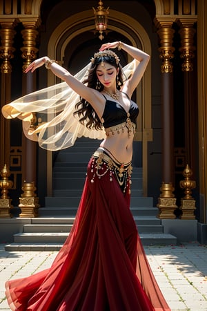 (Woman dancing in a vermilion and black belly dance dress, sparkling veil covering her hair, beautiful face turned towards you, supple pose, Hasselblad photography, alabaster skin, cinematic lighting, soft lighting , dynamic angles, theater background, Yewon in costume belly dance dress, belly_dancer), detailed textures, high quality, high resolution, high precision, realism, color correction, proper lighting settings, harmonious composition, Behance works,belly_dancer