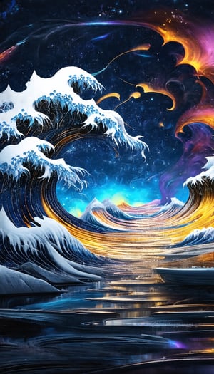 (Esoteric landscape of Hokusai and Anne Bachelier, Elpis, chemiluminescence, Art Nouveau, bright colors, kaleidoscope and prismatic effects, optical illusions 3D art), Detailed texture, High quality, High resolution, High precision, Realism, Color correction, Proper lighting settings, Harmonious composition, Behance Works,FuturEvoLabStyle