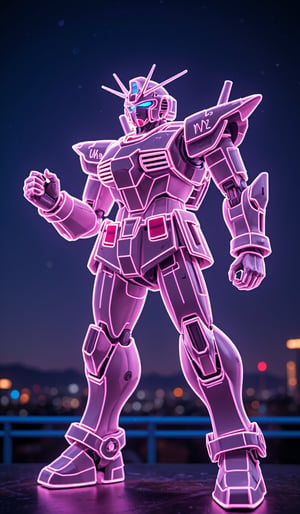 A full-body silhouette, outlined only, in the neon shape of GUNDAM's silhouette, colorless body, with only the outline in neon tube light illumination, shining brightly with a neon intensity of 1.4, set against a dancing pose and a night sky background.,Neon