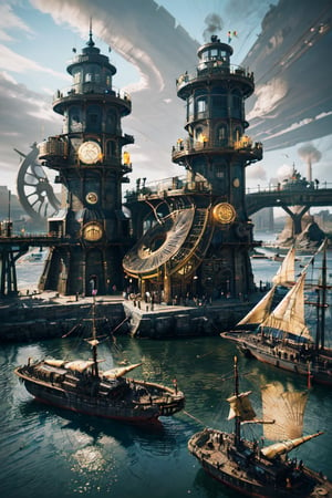 (landscape, Zhang Daqian & Pablo Picasso,  Epic steam punk city looking like maze ot many bridges, sea-side, organic shapes of buildings, squesr and parks, boads and airships in the sky, bird perspecive, The scene is depicted in a steam-punk setting, in an epic digital painting. In the background, a steam-punk city-seaside port. Rich colors brown and gray colors, beautiful gradients and intricate details, glowing shadows, beautiful gradient, depth of field, clear image, high quality, high detail, high resolution, Luminous Studio graphics engine), (photorealistic:1.4), Detailed Textures, high quality, high resolution, high Accuracy, realism, color correction, Proper lighting settings, harmonious composition, Behance works, ,Raw Photo,no_humans