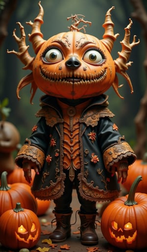 Highly deformed, bobblehead-esque diorama. Featuring a very large, wide-eyed character with an anthropomorphic jack-o'-lantern and Halloween pumpkin-themed costume, this stunning photograph embodies the baroque punk art style. The darkness around the character is illuminated by meticulous lighting from a softbox, capturing the intricate details with clarity. Reflecting the great catalog designs of famous artists, this piece was a hit on Artstation and would be perfect for the cover of the high-end fashion magazine "Halloween_Figure".VNS_Add more details