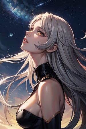 (Acrylic watercolor painting by Leiji Matsumoto. A fantastically beautiful woman with a delicate and slender body that looks like it might break, a slender face, very long eyelashes, sparkling slit eyes, and long, soft silver hair, like a celestial maiden looking up at the sky and praying to the stars), Detailed Textures, high quality, high resolution, high Accuracy, realism, color correction, Proper lighting settings, harmonious composition, Behance works