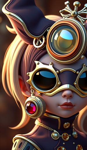 Generate an image of a chibi character wearing a steampunk mask with a retro fantasy theme. The image should be highly intricate, elegant, and visually striking, resembling a digital painting. The concept art should be highly detailed and show off beauty. The artwork should be created by a highly skilled artist known for his compelling, high-quality models. The character design should be created by Pascal Blanche Rutkowski, known for his hyperrealism. The image should have cinematic lighting and be of the highest quality with a resolution of 16k. Pay close attention to symmetry, making the character mysterious and alluring. The artwork should be a masterpiece that displays total perfection and incredible attention to detail, including macro details, voluminous light, realistic reflections on surfaces, and ultra-detailed textures. Utilize cinematic effects to enhance the overall visual impact. For best quality, the image should be UHD and sharply focused.
