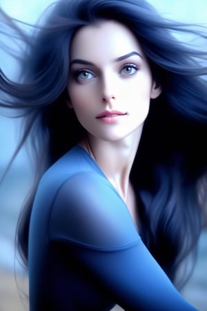 (Stunningly beautiful woman, dark blue soft long hair, flexible waist, gentle breeze), (photorealistic:1.4), detailed texture, high quality, high resolution, high precision, realism, color Correction, proper lighting settings, harmonious composition, Behance work