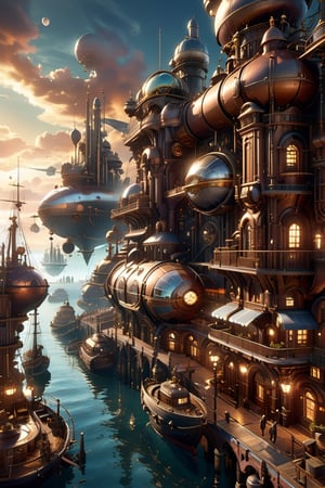  Epic steam punk city looking like maze ot many bridges, sea-side, organic shapes of buildings, squesr and parks, boads and airships in the sky, bird perspecive, The scene is depicted in a steam-punk setting, in an epic digital painting. In the background, a steam-punk city-seaside port. Rich colors brown and gray colors, beautiful gradients and intricate details, glowing shadows, beautiful gradient, depth of field, clear image, high quality, high detail, high resolution, Luminous Studio graphics engine,Renaissance Sci-Fi Fantasy,High Renaissance,Sci-Fi,g1h3r