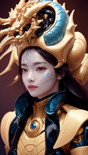 (Soft molten porcelain spongy skin, beautiful alien dragons, bio-mechanical cyborgs, professional CGI intricacy rendered with an analog 150mm lens, lithographs, beautiful natural soft rim lighting, neon, dark blue and gold duo-tone iron lithography, presented in the Wasserlery style.), Detailed Textures, high quality, high resolution, high Accuracy, realism, color correction, Proper lighting settings, harmonious composition, Behance works,1 girl,Detailedface