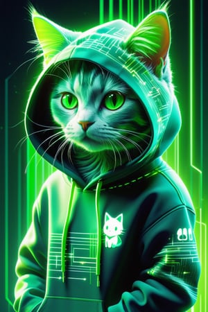 (Imagine a vibrant canvas illuminated by a cascade of green binary codes forming super cute cat silhouettes in hoodies, dynamic lines, and matrix-like patterns), Detailed Textures, high quality, high resolution, high Accuracy, realism, color correction, Proper lighting settings, harmonious composition, Behance works,DonM3l3m3nt4lXL,Anime 