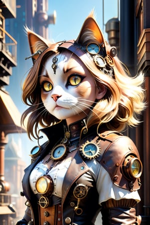 (City Cat Girl, Sunlight, Outdoors, Buildings, Ray Tracing, Reflected Light, Full Color, Intricate Detail, Super Detail, High Level of Detail, Top Quality, Abstract, Complex Complexity, Photorealistic, Steampunk Style), Detailed Textures, high quality, high resolution, high Accuracy, realism, color correction, Proper lighting settings, harmonious composition, Behance works,HZ Steampunk