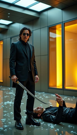 Two characters stand out in an intense action scene set in a modern, minimalist interior with reflective glass walls and ceiling beams. The protagonist stands confidently in a sleek black suit consisting of a black jacket, matching trousers, shirt and tie, and black shoes with rugged soles. His shoulder-length dark hair frames his face, he wears slim Rodenstock sunglasses and looks into the camera with a look of stern concentration. In his right hand he holds tightly a curved silver samurai sword with a black handle, held horizontally so the blade reflects the light. His left hand is clasped close to his waist. The floor around him is covered with sharp shards of broken glass, creating an atmosphere of chaos. To the right of the protagonist lies a figure dressed in similarly dark clothing: a black leather jacket over a black shirt, black pants and black boots with rugged soles. The figure is lying on his back, holding a small knife or metal object in his right hand close to his head, and bruises and scratches are visible on his face and neck. His left arm is resting on the ground beside him. In the background is a large mirrored wall with a metal frame through which illuminated structures resembling columns and windows are visible, casting a warm yellow light on the scene. These reflections add depth and complexity to the setting, while also highlighting the high-tech nature of the location. The lighting is mostly dim artificial lighting from overhead, accentuating the dramatic atmosphere of the scene. The overall color palette includes dark slate gray, charcoal black, steel blue, midnight blue and golden yellow, contributing to a tense and suspenseful atmosphere typical of modern action films.,VNS_Add more details