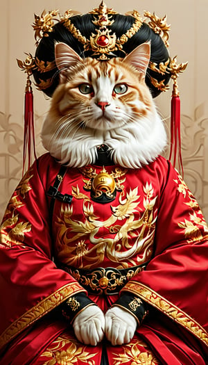 A highly detailed digital illustration portrays an anthropomorphic cat dressed in traditional royal Chinese attire, positioned centrally against a blurred background of an ornate room. The cat has a light beige and white coat with large, expressive eyes featuring a mix of light blue, green, and golden hues. It wears a sophisticated golden headpiece adorned with a prominent red gemstone surrounded by intricate gold designs and smaller orange and green accents. A red and gold tassel hangs from a thin red string on the left side of its head. Long, flowing white fur extends from the cat's back, blending into the background. The cat is dressed in a deep crimson red robe with elaborate gold embroidery depicting intricate swirling patterns, dragons, and floral motifs. The robe features wide sleeves with golden trim, a deep neckline revealing a gold undergarment, and a high collar embellished with golden patterns. A broad gold belt with a black floral design runs across the waist, cinching the garment and adding to its regal appearance. The cat's hands are delicately positioned at the waist, with fingers gently intertwined in a graceful pose. A small golden ornament with intricate designs hangs from a necklace around its neck. The background showcases traditional Chinese architectural elements, including a window with intricate geometric designs and soft, warm lighting that creates gentle shadows and highlights, enhancing the serene and regal mood of the illustration. The overall composition is balanced and centered, emphasizing the cat's dignified and noble presence in this opulent setting.,Vietnam Beauty