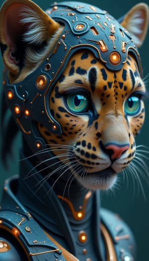 Jean-Baptiste Monge-esque, super cute space dream, young female cyborg fused with an Amur leopard, detailed face facing the camera, seamlessly blending Amur leopard features with feminine expression, iris-colored eyes emerging from detailed tissue structure, composite, ultra-realistic, color electron micrograph by Tim Walker, macro photography by Miki Asai, close-up, ultra-detailed, Art Station Trends, sharp focus, studio photography, intricate details, high detail,FuturEvoLabArmor