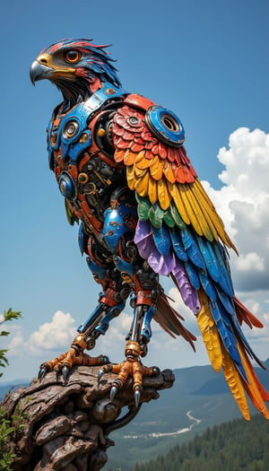 In an era where the mechanical wonders of steampunk blend seamlessly with the organic beauty of nature, the Peregrine Falcon emerges as a symbol of this fusion. Its mechanical construction is a testament to technological prowess, yet it soars through vibrant blue skies and on wings blooming with rich rainbow patterns. Captured in vibrant renderings, the creature embodies the whimsical charm of a world where the boundaries between man-made and natural are beautifully blurred.,VNS_Add more details,Resin,epic mecha