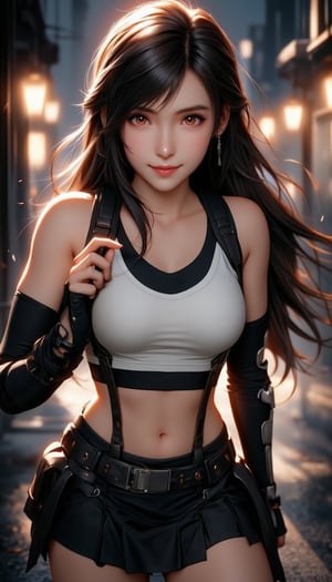 Tifa Lockhart from Final Fantasy VII, dynamic knee kick pose, distinctive reddish brown eyes, dynamic hairstyle, original costume design for Tifa from Final Fantasy VII, black skirt for Tifa, symmetrical outfit, best outfit simulation, windy night, smiling, front shot, zoom in, intimate shot, character looking at camera, staring at you, highly active dexterity, white crop top, elbow pads, fingerless gloves, future Midgard background,TifaLockhart,cool_Anime