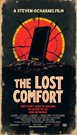 A parody of the movie poster "The Lost World: Jurassic Park" with a worn texture and a circular emblem in the center. The emblem features a bold worn red circle with a cracked texture and yellow outline, containing within it a cracked computer display, a black silhouette of a tilted smartphone. The display structure is rendered in a finely worn style with a zigzag outline, on a rough textured background. Below the emblem, the title "THE LOST COMFORT" is prominently displayed in large, bold white capital letters, with a worn texture with a yellow outline and black shadow. Below that, "USER INTERFACE" is written in smaller letters that match the style and color. Below the main title, the tagline "They don't seem to be willing to listen to us!" is placed in three separate lines in bold red capital letters, with a worn texture and a sinister atmosphere. At the top center, the text "A STEVEN OCHARAKE FILM" appears in small white capital letters. The background is a dark charcoal grey with a subtle grunge texture reminiscent of worn leather and stone that enhances the eerie atmosphere. Various production credits are listed in small white capital letters at the bottom of the poster, including Jeff Goldblum, Julianne Moore, and Pete Postlethwaite. The website "www.lost-comfort.xxx" also appears in white at the bottom. The overall color palette is high contrast and low brightness, consisting of black, red, yellow, and white. The poster features a vintage style with a gritty, adventurous feel that accentuates the suspenseful theme of the film.