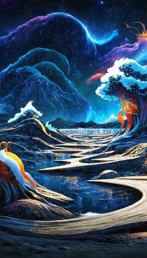 (Esoteric landscape of Hokusai and Anne Bachelier, Elpis, chemiluminescence, Art Nouveau, bright colors, kaleidoscope and prismatic effects, optical illusions 3D art), Detailed texture, High quality, High resolution, High precision, Realism, Color correction, Proper lighting settings, Harmonious composition, Behance Works,FuturEvoLabStyle