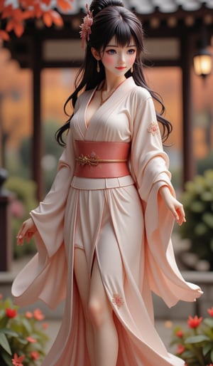 (Beautiful Japanese style figure diorama). One woman, solo, long hair, looking at viewer, smiling, blue eyes, black hair, hair accessories, jewelry, mouth closed, upper body, braids, earrings, outdoors, hair in bun, looking to side, leaves, Japanese kimono style dress, single hair in bun, Japanese architecture,SH,Resin Figure,masterpiece,cool_Anime,VNS_Add more details