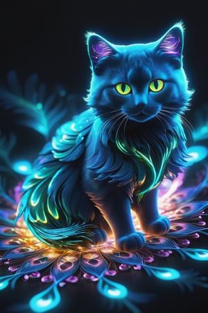 (Fractal isometric detailed bioluminescence with neon, open peacock feather, cat turned goddess, balanced contrast of light and dark, dazzling background), detailed texture, high quality, high resolution, high precision , realism, color correction, proper lighting settings, harmony composition, Behance works, neon style,galaxy00