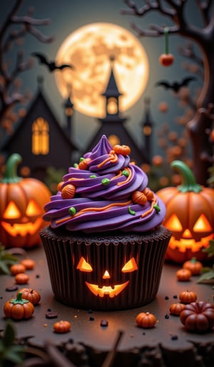 Dark chocolate-based cupcake is placed in a dark Halloween atmosphere. Bright purple and orange cream is swirled on top of the cupcake, some of which are accented with green lines. Small orange pumpkin decorations are scattered around the cupcake. Several jack-o'-lanterns are placed in the background, with spider webs and Halloween decorations hanging behind them. A full moon is visible, and silhouettes of bats are flying. The overall color scheme is dark, with weak moonlight, making the cupcake and pumpkin stand out. Photographic details emphasize the contrast of light and shadow. The background is a spooky atmosphere with dark gray and black tones. The focus is on the details of the jack-o'-lantern, and the face is designed to be a little scary but also cute.Halloween_Figure,VNS_Add more details