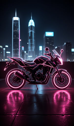 The silhouette of the Suzuki KATANA motorcycle is rendered in neon, with only the outline of the silhouette expressed. The colorless body is illuminated with neon tube lights, shining brightly with a neon intensity of 1.4, with the city night view as the background.,hologram