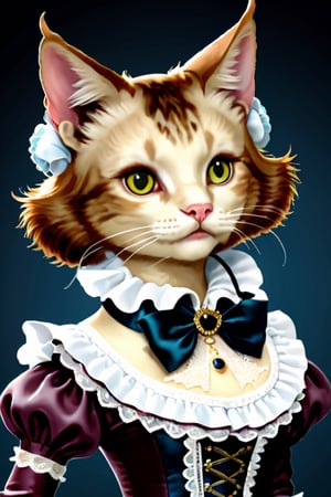 (A fusion of Renaissance European noble fashion and modern Gothic Lolita costumes, the cat wears an intricately ruffled collar, embroidered velvet garment, and lace accessories. This cat embodies both aristocratic elegance and modern Gothic charm, creating a unique and surreal aesthetic. cat themed, Detailed Textures, high quality, high resolution, high Accuracy, realism, color correction, Proper lighting settings, harmonious composition, Behance works