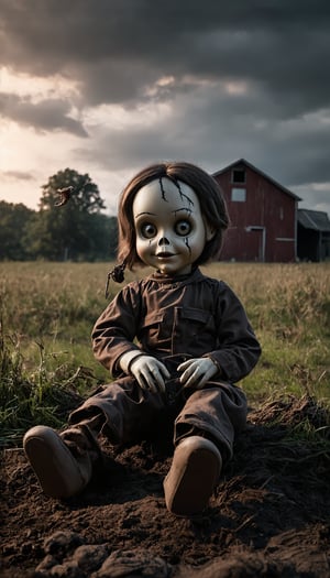 (A sinister doll with one arm dangling from its socket sits in a field before a farmhouse. Its eyes glow ominously, while streaks of black mascara trail from its eyes. The scene is rich with detail: rust, grass, dust, and mud, all under a vast sky softly lit), Detailed texture, High quality, High resolution, High precision, Realism, Color correction, Proper lighting settings, Harmonious composition, Behance Works,FuturEvoLabStyle