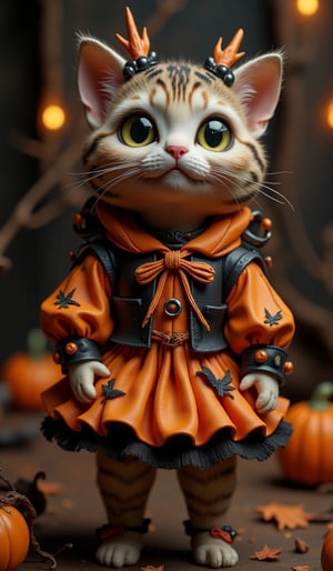 Highly deformed, bobblehead-style figurine diorama. A stunning photograph that embodies the rococo-punk art style, featuring a very large, wide-eyed cat in a Halloween pumpkin-themed outfit. The darkness surrounding the cat is illuminated by meticulous lighting from a soft box, capturing the intricate details in sharp detail. Mirroring Greg Rutkowski's brilliant catalogue designs, this piece was a hit on Artstation and would be perfect for the cover of a high-end fashion magazine,Halloween_Figure