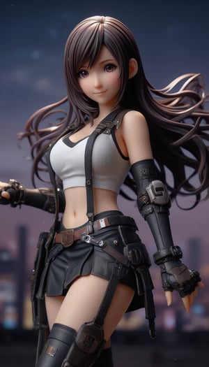 Ultra-detailed figure diorama. Tifa Lockhart from Final Fantasy VII, dynamic knee kick pose, distinctive reddish brown eyes, dynamic hairstyle, original costume design for Tifa from Final Fantasy VII, black skirt for Tifa, symmetrical outfit, best outfit simulation, windy night, smiling, front shot, zoom in, intimate shot, character looking at camera, staring at you, highly active dexterity, white crop top, elbow pads, fingerless gloves, future Midgard background, TifaLockhart,create figure 2