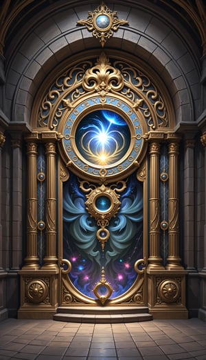 Intricately crafted, the daunting baroque time portal stands tall, its ornate gold and silver embellishments commanding attention. It is depicted in a digital painting, where the portal appears to be a multidimensional gateway embedded within a grand stone archway. The image is of exceptional quality, allowing for every intricate detail to be visible. The portal exudes an aura of mystery, with swirling mosaic patterns radiating shimmering colors that seem to shift and change. A faint glow emanates from within, hinting at the possibility of a fantastical journey through time and space