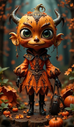 Highly deformed, bobblehead-esque diorama. Featuring a very large, wide-eyed character with an anthropomorphic jack-o'-lantern and Halloween pumpkin-themed costume, this stunning photograph embodies the baroque punk art style. The darkness around the character is illuminated by meticulous lighting from a softbox, capturing the intricate details with clarity. Reflecting the great catalog designs of famous artists, this piece was a hit on Artstation and would be perfect for the cover of the high-end fashion magazine "Halloween_Figure".VNS_Add more details