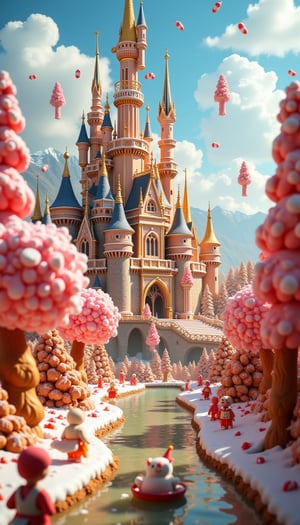 In the distance, a majestic castle made of towering gingerbread rises above the skyline, adorned with gumdrop towers and licorice turrets. A sugary river of caramel winds through the heart of the city, with marshmallow boats gently floating on its surface. The trees in this fantastical world are tall, swirled lollipops and candy corn, with cotton candy clouds hanging low in the sky. Children made of sugar and sweet confections play along the streets, holding candy balloon animals that hover in the air, weightless,VNS_Add more details