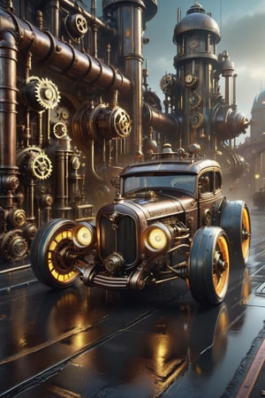 (Steampunk, 3/4 front view of a hotrod zeekars with fluorescent rims, futuristic street close-up, wet road, extreme details, muted colors, gritty, rusty, oil paint, heavy strokes, dripping paint), Detailed Textures, high quality, high resolution, high Accuracy, realism, color correction, Proper lighting settings, harmonious composition, Behance works,Renaissance Sci-Fi Fantasy,DonMSt34mPXL,AbmSTPD