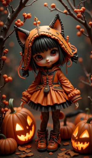 Highly deformed, bobblehead-style figurine diorama. A stunning photograph that embodies the rococo-punk art style, featuring a wide-eyed cat girl in a Halloween pumpkin-themed outfit. The darkness surrounding her is illuminated by meticulous lighting from a soft box, capturing every intricate detail with clarity. Reflecting Greg Rutkowski's outstanding catalog design, this piece was a hit on Artstation and would be perfect for the cover of a high-end fashion magazine,Halloween_Figure