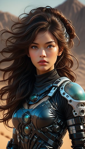 (A digital portrait of striking clarity, intricacy, and ornate detail, rendered dynamically in high quality. The style echoes the distinct aesthetics of Artgerm, Loish, Charlie Bowater, and Sara Tepes. It features a beautiful woman with a feminine allure, standing amidst a sandy desert. The scene is set against a backdrop of a futuristic eclipse, with geometric, chromatic, and biomechanical elements, evoking a science fiction and cyberpunk vibe. She is adorned in a casual attire that incorporates elements of latex, vinyl, plastic, glass, and LED lights, suggesting a cyborg or spacesuit influence), Detailed Textures, high quality, high resolution, high Accuracy, realism, color correction, Proper lighting settings, harmonious composition, Behance works,Cinematic,IMGFIX,ct-jeniiii