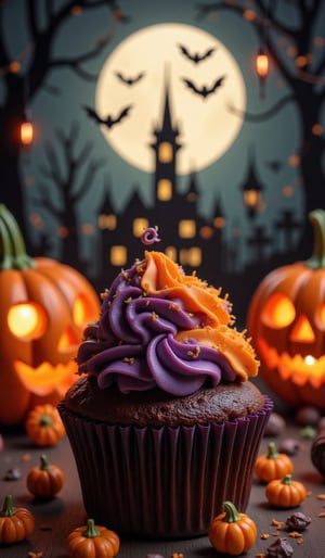 Dark chocolate-based cupcake placed in a dark Halloween atmosphere. Bright purple and orange cream is swirled on top of the cupcake, some of which are accented with green lines. Small orange pumpkin decorations are scattered around the cupcake. In the background, several jack-o'-lanterns are placed, with spider webs and Halloween decorations hanging behind them. A full moon is visible, and silhouettes of bats are flying. The overall color scheme is dark, and the moonlight is weak, making the cupcake and pumpkin stand out. The photo-like details emphasize the contrast of light and shadow.
The background is in dark gray and black tones, creating a spooky atmosphere befitting Halloween.
The cream on the cupcake is smooth, and the texture of the cream is well-depicted.
The face of the jack-o'-lantern is designed to be a little scary, but also cute.
The light source is conscious of the soft light from the full moon, and casts natural shadows on the objects.
Focus on the details, making the texture of the cupcake and the decorative accessories clearly visible.Halloween_Figure,VNS_Add more details