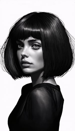 (High quality, sketch, realistic illustration, one girl, detailed lips, black dress, custom design, dark monochrome background, neon hair, textured cropping, masterpiece, retro classic style, noir dark art, sketchbook, black neon bob hair, bad woman, dark shadow. Imagine a stylish and classic-feeling artwork that combines these elements), detailed textures, High quality, high resolution, high precision, realism, color correction, proper lighting settings, harmonious composition, Behance works