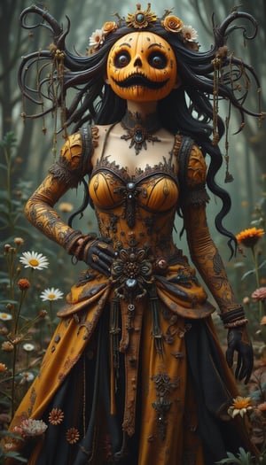 The artwork conjures a vision of a ghostly pumpkin bride, her visage marked by black tears and a tattered bridal gown. This scene is rendered with subtle illumination that enhances the horror, creating a dark and haunting atmosphere. The piece boasts a film grain texture, achieving a level of hyperrealism that is both ultra-detailed and luminous. Inspired by the styles of WLOP and Craola, it transports the viewer to a mystical wonderland filled with flowers, fantasy, and glitter. The complex background, dynamic lighting, and intricate pose contribute to a digital painting that is not only highly detailed and cute but also features delicate filigree work, showcasing the best quality of artistry.,VNS_Add more details,create figure 2,Flux