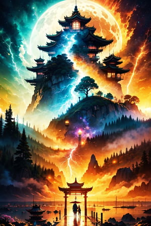 (Prompt megadetailed castlepunk castlecore portal-tree, cyberportal-tree, fantasy, Lightning And Storm Clouds, ritualpunk edges, fantasy 8k resolution Ukiyo-e award winning detailed, vivid color illustration, mythical hyper-witch stormpunk godray, textured oil painting showing detailed brushstrokes, digital art, inspired by Thomas Kinkade, Alphonse Mucha, 8k resolution complementary colors), Detailed Textures, high quality, high resolution, high Accuracy, realism, color correction, Proper lighting settings, harmonious composition, Behance works,yinyangstyle,CLOUD