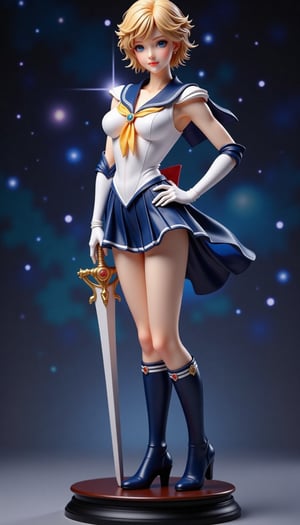 (Beautiful Japanese style figure diorama). Sailor Uranus, a character from the Sailor Moon series, has short blonde hair and a hairstyle called a "textured crop" with volume in the bangs. The short hair is voluminous on top and short on the sides. She has sharp blue eyes. Slender style with 10 heads. Her outfit is a navy blue sailor suit with a yellow ribbon on her chest and a navy blue skirt. Her shoes are navy blue ankle-cut short boots. She has one hand on her hip and the other hand holding her weapon, the "Space Sword," and is in a confident posture. The background is inspired by space, with shining stars. Her expression is calm and full of determination. (Navy blue ankle-cut high-heel boots, Sailor Uranus), VNS_added details,cool_Anime,Resin Figure,masterpiece