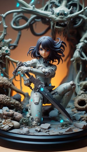 Highly detailed figure, Futuristic scene featuring a young female warrior, kneeling in a dynamic pose. She is dressed in a sleek, form-fitting bodysuit that combines metallic armor elements with futuristic fabric. The suit has a light, reflective material with glowing blue lights, especially on the shoulders and waist, giving off a high-tech vibe. Her long black hair flows dramatically behind her, emphasizing motion as she appears to have just landed or is preparing to attack. She wields a large, sharp, black-bladed sword resting on the ground. Her expression is focused and determined, reflecting readiness for battle.
The setting is a biomechanical environment with tangled roots and organic, pulsating textures visible in the background. The area seems to be part of an alien or dystopian structure, blending technology and nature, where rough, organic shapes merge with metallic elements. The lighting is a mix of soft, ambient glows from the environment, highlighting the textures of the surroundings, while a subtle warm light bathes the background. The overall atmosphere is tense, as if preparing for an intense confrontation or battle.,create figure 2