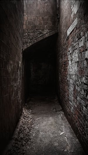 (At the end of a dark, winding alleyway lies a desolate dead end. The image captures a decaying brick wall with graffiti tags and peeling paint. A melancholic portrayal of urban decay in a photograph. Every crack and faded color in the bricks tells a story of neglect and abandonment. The intricate details and subtle hues make this image not just a mere photograph, but a haunting masterpiece of forgotten corners. The sharp contrasts and depth evoke a sense of mystery and intrigue, drawing the viewer into the forlorn beauty of decay), Detailed texture, High quality, High resolution, High precision, Realism, Color correction, Proper lighting settings, Harmonious composition, Behance Works,FuturEvoLabStyle