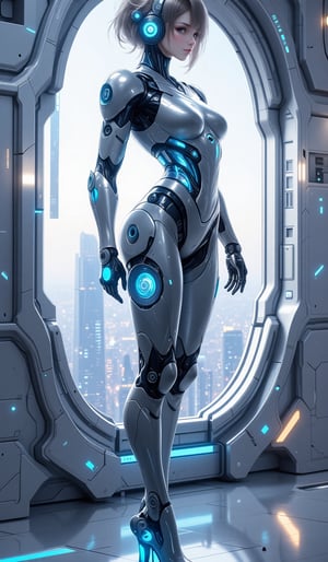 Stylish knee-shot. A highly detailed futuristic cyborg woman stands in a metallic, high-tech environment, with visible mechanical parts integrated into her body. The cyborg has sleek robotic limbs and a transparent torso through which the intricate machinery and glowing parts are visible. Her posture is graceful and confident, while a futuristic cityscape unfolds outside the window. The lighting is soft and reflects off the metallic surfaces, and the overall color tone is in shades of chrome, silver and blue. The scene exudes a high technology and sci-fi aesthetic inspired by cyberpunk themes.anime,Mecha